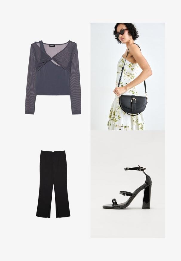Sivi dugih rukava majica s prilagođenim donjim slojem i prozirnom mrežastom preklopom, detaljem u obliku prevrnutog dijela sprijeda i okruglim izrezom.; Crne hlače ravnog kroja, s prednjim džepovima i bočnim prorezima na rubu. Izrađene od mekog i glatkog materijala. Pogodne za razne prigode.; Crne lakirane sandale na visoku petu s dva remena s kopčama, kvadratnim vrhom i masivnom blok petom, s glatkom, sjajnom teksturom.; Crna kožna torba s lukovitim oblikom, odvojivim remenom i zlatnim detaljima. Torba ima preklop s kopčom.