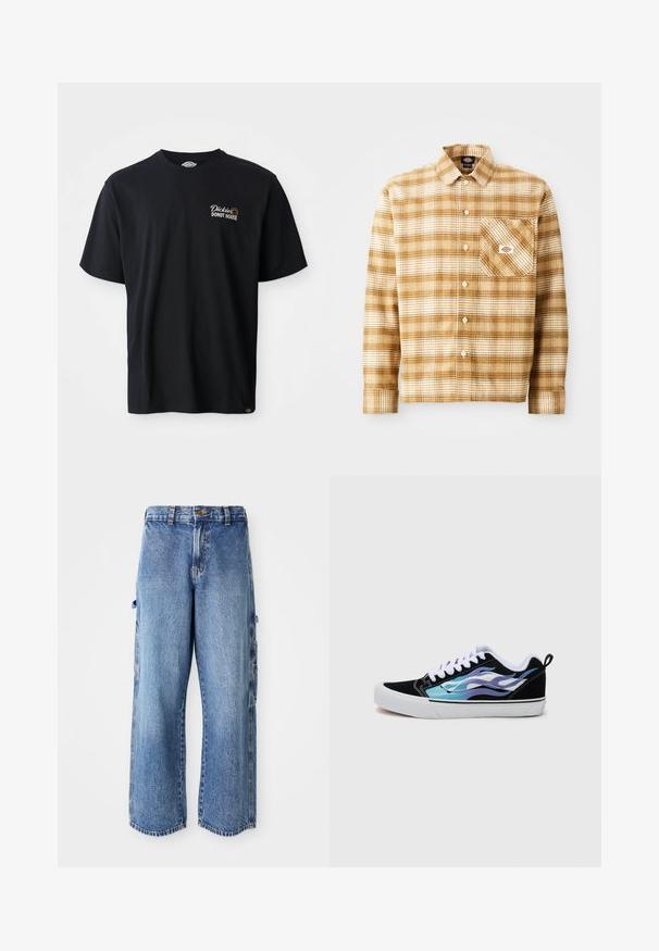 Černé bavlněné tričko s krátkým rukávem. Na levé straně hrudi má vyšívané logo "Dickies Donut House". Klasický design s kulatým výstřihem.; Hnědá a krémová károvaná košile s dlouhým rukávem vyrobená z texturované látky, má náprsní kapsu a zapínání na knoflíky, s etiketou na kapse.; Světle modré denimové cargo kalhoty s širokým střihem, které mají boční kapsy, opotřebovaný vzhled a mírně třepící se lem.; Černé semišové tenisky s bílou gumovou podrážkou. Mají iridescentní modré a fialové plamenné vzory. Bílé tkaničky a zadní poutko.