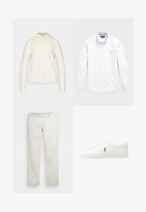 Hvit hettegenser med lange ermer, ribbede mansjetter, kenguru-lomme og snor i halsen, laget av et mykt, teksturert stoff.; Hvit langermet skjorte med knapper laget av bomull. Har sprettkrage, knappelukking og en liten brodert logo på brystet.; Beige bomullskjoler med flat front, beltehemper og sidelommer. Rett ben-design med en glatt tekstur og en lett, pustende følelse.; Hvite lærsko, lavt design, med en glatt tekstur, rund tå, snøring foran, og en liten brodert logo på siden.