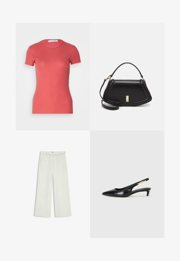 Short-sleeve, ribbed coral T-shirt with a fitted design, featuring a small green Lacoste logo on the chest. Made from stretchy material.; Wide-leg pants in light cream fabric, featuring side pockets, a flat front, and a single button closure at the waist. Smooth texture.; Black leather slingback heels with a pointed toe, featuring a slim heel and a gold-tone accent on the adjustable strap. Smooth texture.; Black leather handbag with a structured design, featuring a cropped shape, top handle, and gold hardware accent. Adjustable shoulder strap included.