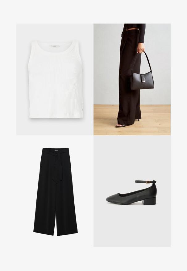 Valge ribaga tank top, millel on ümar kaelus ja ilma varrukateta disain, sirge äärega ja väike brändi silt külje peal.; Mustad laiad püksid, millel on tekstureeritud kangas, elastne vöökoht ja eemaldatav pael vööst, et reguleerida sobivust.; Must mustaapp, millel on terav nina ja madal blokk-kand. Omab pahkluu rihma koos kuldse tooni pandlaga. Sile tekstuur.; Must musta kott, millel on struktureeritud kuju, sile tekstuur ja metallist klamber. Kombineeritud laiate mustade pükstega ja avatud varvaste sandaalidega puidust põrandal.