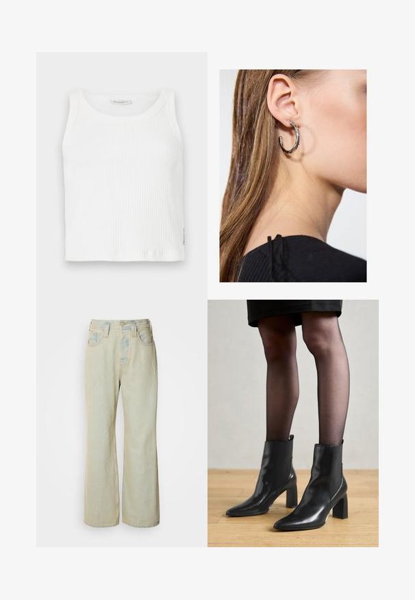 Top alb cu dungi, cu un decolteu rotund și fără mâneci, având un tiv drept și un mic eticheta a mărcii pe lateral.; Jeans largi de culoare albastru deschis, confecționați din denim, cu talie înaltă, cinci buzunare și o ușoară decolorare, accentuată de cusături în contrast.; Botine negre din piele, cu vârful ascuțit, toc pătrat masiv și un design elegant. Au panouri laterale elastice pentru o îmbrăcare ușoară.; Cercel din argint cu un finisaj polișat, având detalii mici din aur și o formă rotundă, purtat pe lobul urechii.