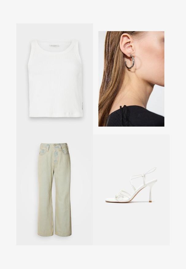 Top in cotone bianco a costine con scollo rotondo e senza maniche, dotato di orlo dritto e di una piccola etichetta del marchio sul lato.; Jeans blu chiaro a gamba larga realizzati in denim, con vita alta, cinque tasche e un leggero sbiadimento con accenti di cucitura a contrasto.; Sandalo alto con tacco bianco a strisce, con una base piatta per le dita, un frontale testurizzato con dettagli arricciati e una sottile cinghia alla caviglia.; Orecchino a cerchio in argento con finitura lucida, caratterizzato da piccoli dettagli in oro e una forma tondeggiante, indossato sul lobo.