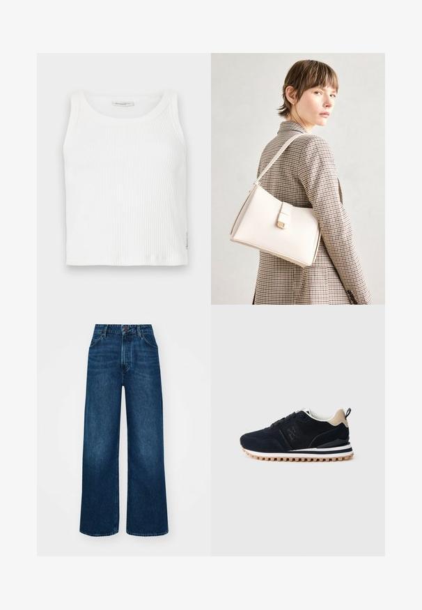 Bijela rebrasta majica bez rukava s okruglim izrezom, koja ima ravni rub i malu oznaku brenda sa strane.; Traperice viskog struka i širokih nogavica tamnoplave boje s glatkom teksturom, kontrastnim šavovima i dizajnom s pet džepova. Prednje zakopčavanje na gumb.; Tamno plava sportska cipela s mrežastim i antilop gornjim dijelom, bež detaljima, bijelim međupotplatom i teksturiranim gumenim potplatom s uzorkom. ; Bijela kožna torba s čvrstim dizajnom, s magnetskim kopčanjem i remenom za rame, prikazana na neutralnoj pozadini.