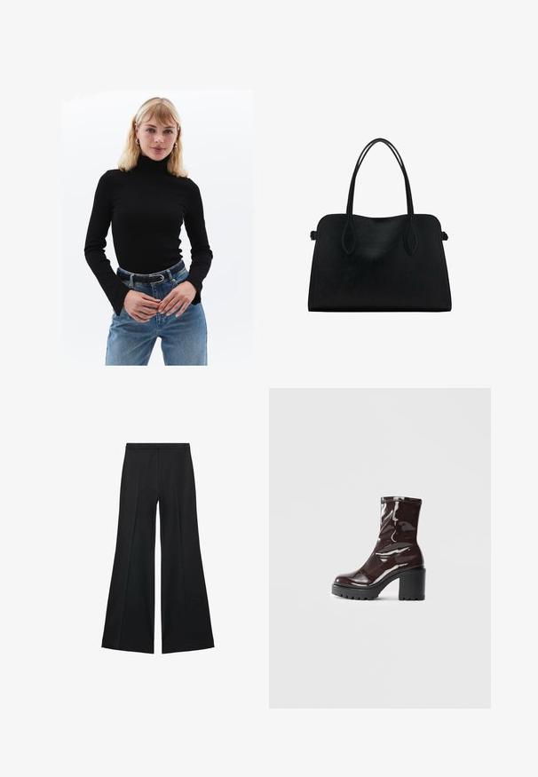 Černý rolák s dlouhými rukávy, s vroubkovanou texturou, zkombinovaný s vysokými modrými džíny a černým páskem se stříbrnou sponou.; Černé kalhoty s širokými nohavicemi a hladkou texturou, s předními sklady a přizpůsobeným střihem. Materiál je lehký a splývavý.; Lesklá bordó kotníková bota s masivním černým podpatkem, se hladkým povrchem a jednoduchým designem. Žádné viditelné zapínání ani vzory.; Černá kožená kabelka s dvojitými ramenními popruhy, obdélníkový tvar a minimalistický design na bílém pozadí.