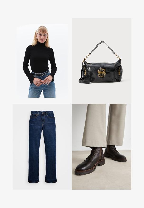 Schwarzes Rollkragenoberteil mit langen Ärmeln, geripptem Textur, kombiniert mit hochgeschnittenen, hellblauen Jeans und einem schwarzen Gürtel mit silberner Schnalle.; Dunkelblaue Jeans aus Denim mit geradem Bein, ausgestattet mit fünf Taschen, Kupfernähten und einem klassischen Knopfverschluss.; Dunkelbraune Lederstiefel mit strukturierter Oberfläche, Schnürdesign, runder Zehenpartie und robusten Gummisohlen. Abgerundet durch kontrastierende Nähte.; Schwarze Lederhandtasche mit glatter Textur, goldfarbener, schlangenförmiger Hardware und zwei seitlichen Reißverschlusstaschen. Inklusive verstellbarem Schultergurt.