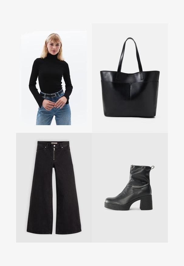 Sort turtleneck med lange ærmer, ribbet tekstur, parret med højtaljede lyseblå denimjeans og et sort bælte med sølvspænde.; Vide ben jeans i sort denim med lynlås foran, fem lomme-design og subtile stikninger. Glat tekstur og afslappet stil.; Sorte ankelstøvler lavet af glat læder, med en sidelukning, kraftig struktureret hæl og rundt tådesign.; Sort læder tote taske med to lange håndtag, en glat tekstur og en struktureret form. Har en forlommem for ekstra opbevaring.
