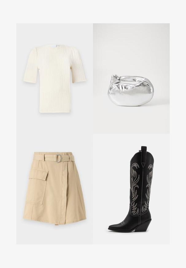 Short-sleeve, cream-colored blouse with a textured wave pattern. Round neckline and subtle gather details at sleeves. Lightweight fabric.; Beige cotton skirt with a side pocket, belted waist featuring a silver ring, and a slight A-line shape. Smooth texture and simple design.; Black leather cowboy boots with pointed toes, wedge heels, and silver embroidered floral patterns along the shaft. Contrast stitching throughout.; Silver metallic pouch bag with a soft, rounded shape and a knotted top closure. Made from smooth faux leather material.