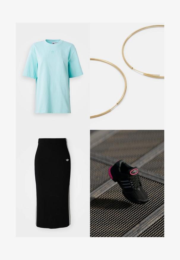 Hele sinine, lühikeste varrukatega T-särk, mis on valmistatud puuvillast. Omab ümmargust kaelust ja väikest logo detaili rinnakorvil. Pehme tekstuur.; Must have ribidega midi seelik, millel on hästi liibuv disain, valgete külgtriipude ja väikese valge embleemiga vasakul küljel.; Must värvi sportlik juhik, millel on võrkkangas ülemine osa, roosa aktsent ja mustad triibud. Omab teksteeritud välistalla ja logo silti kandadel.; Kulla värvi nõelad, õhukesed ja ümmargused, millel on sile metallist pind ja ilma kaunistuste või mustriteta.