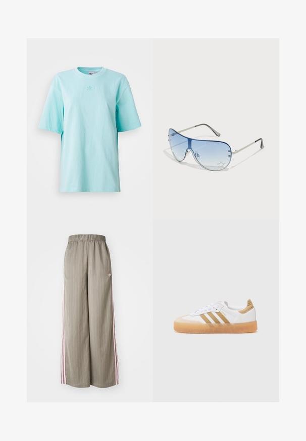 T-shirt azzurro chiaro a maniche corte realizzato in cotone. Presenta un colletto a girocollo e un piccolo logo sul petto. Texture morbida.; Pantaloni larghi di colore verde oliva chiaro con righe verticali, vita elastica e strisce rosa sui lati. Presentano un piccolo logo sull'anca.; Sneaker bianco con accenti beige, caratterizzato da tre strisce, una punta arrotondata e una suola in gomma traslucida. Materiali in pelle liscia e tessuto.; Occhiali da sole aviator con lenti blu sfumate, montatura in metallo argentato e decorazioni a forma di stella sulle lenti. Design liscio e sofisticato.