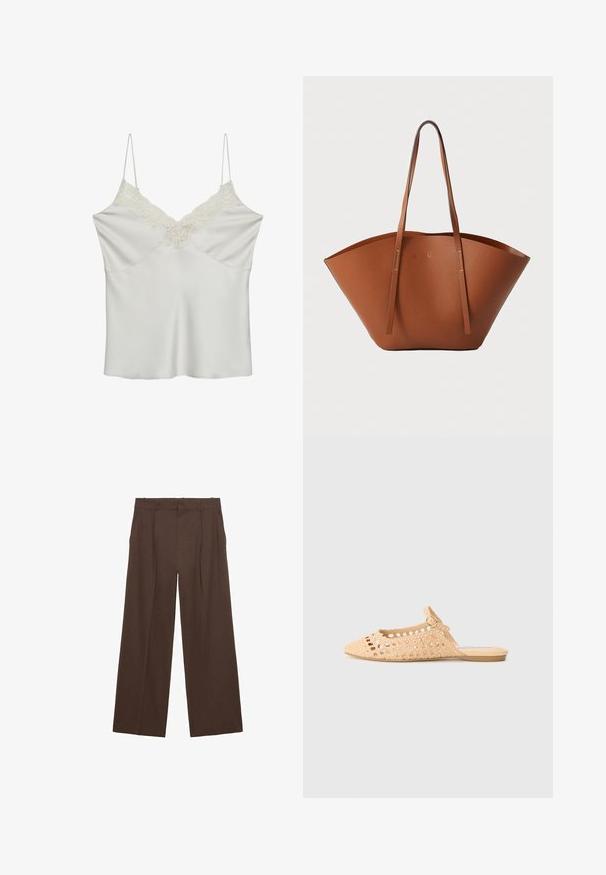 Valkoinen satiininen toppi, jossa on pitsikoristeet V-mallisessa kaula-aukossa, ohuilla säädettävillä olkaimilla ja sileä pinta.; Ruskeat leveälahkeiset housut, jotka on valmistettu sileästä kankaasta. Niissä on korkea vyötärö, etusilkkukkeet ja kaksi sivutaskua.; Vaaleanbeige virkattu liukuvälikenkä, jossa on terävä nenä, avoimet sivut ja nilkkahihna, jossa on metallinen solki. Tasainen pohja.; Ruskea nahkabandi, jossa on leveä, jämäkkä muoto, ohuet kahvat ja teksturoitu pinta. Minimalistinen muotoilu, jossa ei ole näkyvää metalliosaa.