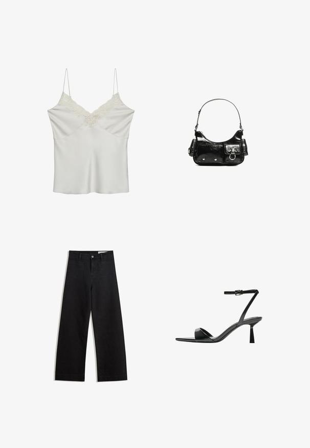 Hvid satin top med blonder detaljer langs V-halsen, har tynde justerbare stropper og en glat tekstur.; Sorte wide-leg denim bukser med høj talje, der har front- og baglommer, syede sømme og en knaplukning. Glat tekstur.; Bershka Højhælede sandaletter / Højhælede sandaler - black; Sort patenteret læder håndtaske med en buet form, en skulderrem, frontlommer og hardware accenter i sølvfarve.