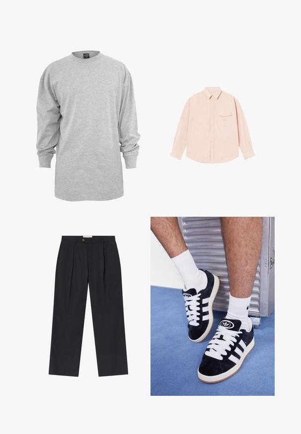 Svijetlosiva majica dugih rukava od mješavine pamuka. Ima okrugli izrez i širok kroj s rebrastim manžetama, bez uzoraka ili ukrasa.; Svijetloružičasta košulja dugih rukava izrađena od mekanog materijala, s kragnom na dugme, prednjim džepom i suptilno izvezenim logotipom na prsima.; Prilagođene tamnoplave hlače s visokim strukom, dva prednja nabora, kopčanje na dugme i ravne nogavice od glatkog materijala.; Crne nubuk tenisice s bijelim vezicama i tri bijele pruge. Imaju kružni crni logo na jeziku i gumeni potplat.