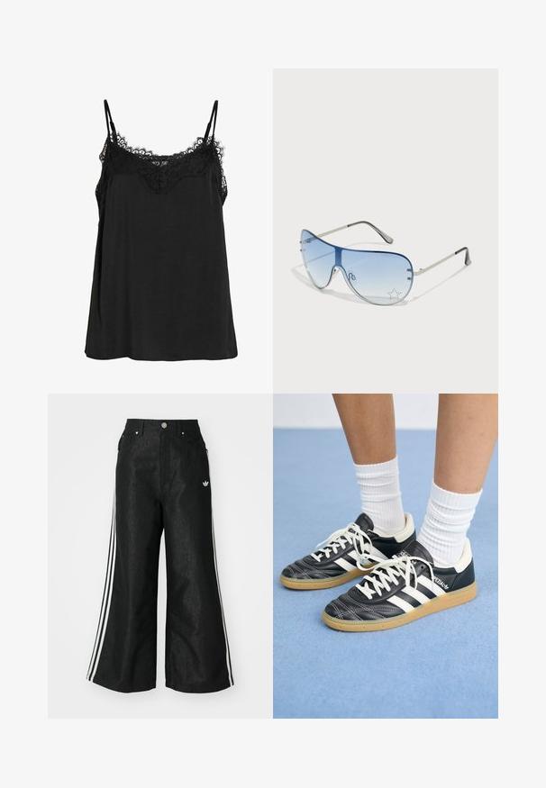 Zwarte cami-top met verstelbare bandjes, voorzien van een kantafwerking bij de halslijn. Gemaakt van een zachte stof met een losse pasvorm en geen zichtbare patronen.; Zwarte denim broek met wijde pijpen, voorzien van drie witte strepen aan elke zijkant en een klein wit logo. Heeft voorzakken en een knoopsluiting.; Zwarte leren sneakers met witte strepen, ronde neus, witte veters en een gumrubberen zool. Versterkt met een gevoerd kraag en merkdetails.; Aviator zonnebril met een gradient blauwe lens, zilveren metalen frame en decoratieve sterrenaccenten op de lens. Glad en strak ontwerp.