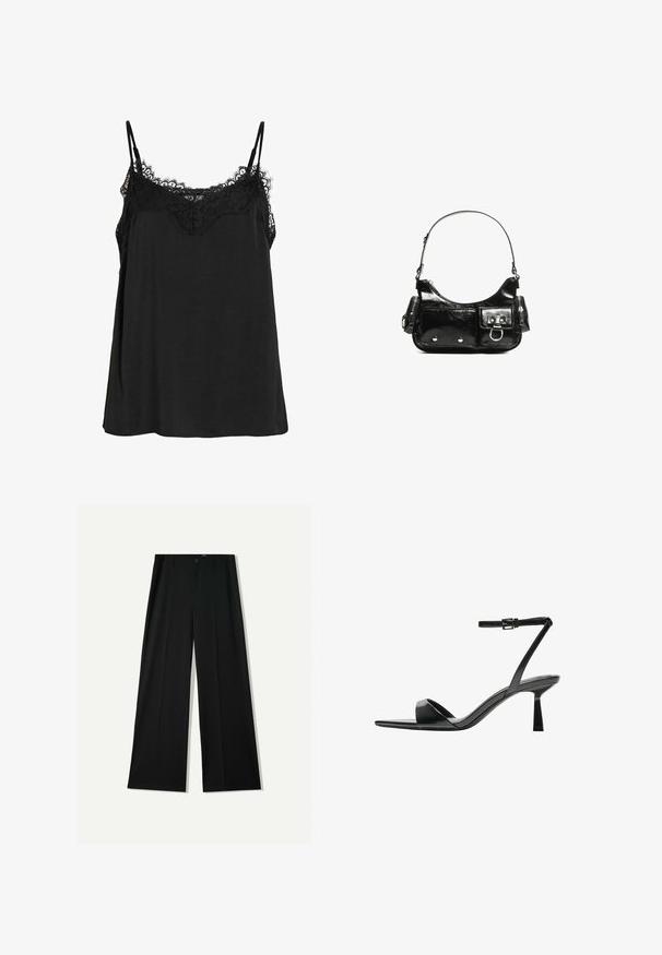 Crna top majica s podešivim trakama, koja ima čipkast rub oko dekoltea. Napravljena je od mekog materijala s širokim krojem i bez vidljivih uzoraka.; Bershka WIDE - Hlače - black; Bershka Sandale s visokom petom - black; Crna patentna kožna torba s zakrivljenim oblikom, jednim remenom za rame, prednjim džepovima i akcentima od srebrnog tona.