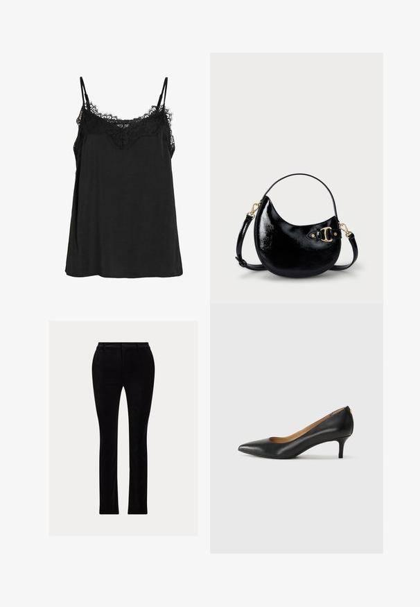 Sort camisole med justerbare stropper, der har en blondekant ved halsudskæringen. Lavet af et blødt stof med en løs pasform og uden synlige mønstre.; Sorte bukser lavet af et glat, fløjl-lignende stof. Skræddersyet pasform med lige ben, der har en traditionel talje og bæltestropper.; Sorte læderpumper med spids tå, lav hæl og en glat tekstur. Har en let åbning foran og minimal hardware bagpå.; Sort patenteret lædertaske med en buet form, justerbar rem og detaljer i guldtonet metal på siden. Glat, skinnende overflade.