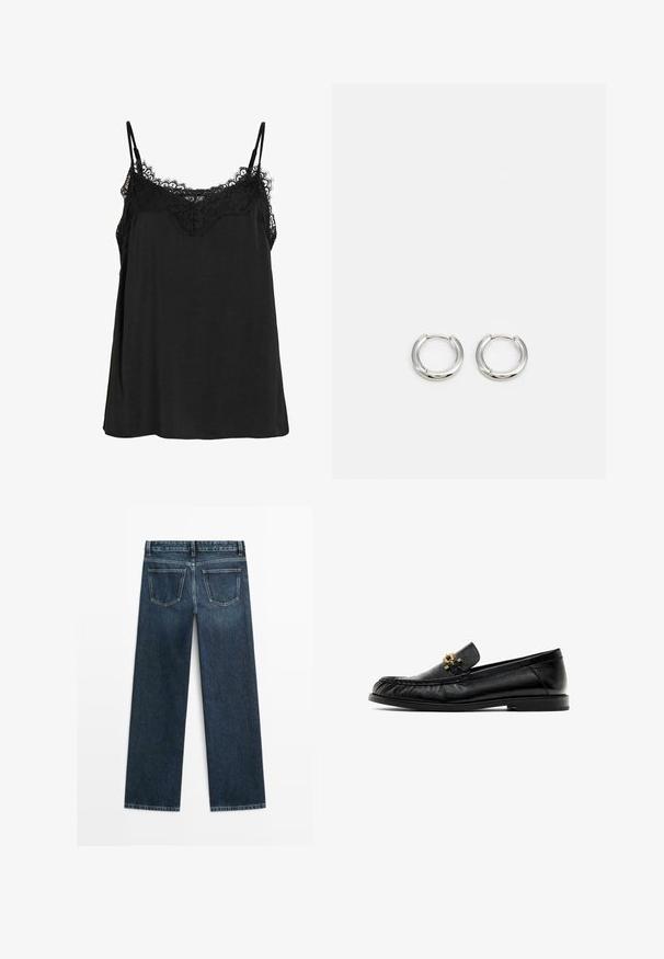 Sort camisole med justerbare stropper, der har en blondekant ved halsudskæringen. Lavet af et blødt stof med en løs pasform og uden synlige mønstre.; Mørkeblå denimjeans i lige snit med to baglommer og synlig syning langs sømme og kanter.; Sorte læder loafers med rund tå, struktureret overdel og guldfarvet hardware accent på vampen. Flad sål med minimal mønstring.; Sølv hooped øreringe med en poleret finish, der har en cirkulær form og en hængsel-lukning, som understreger et slankt og minimalistisk design.