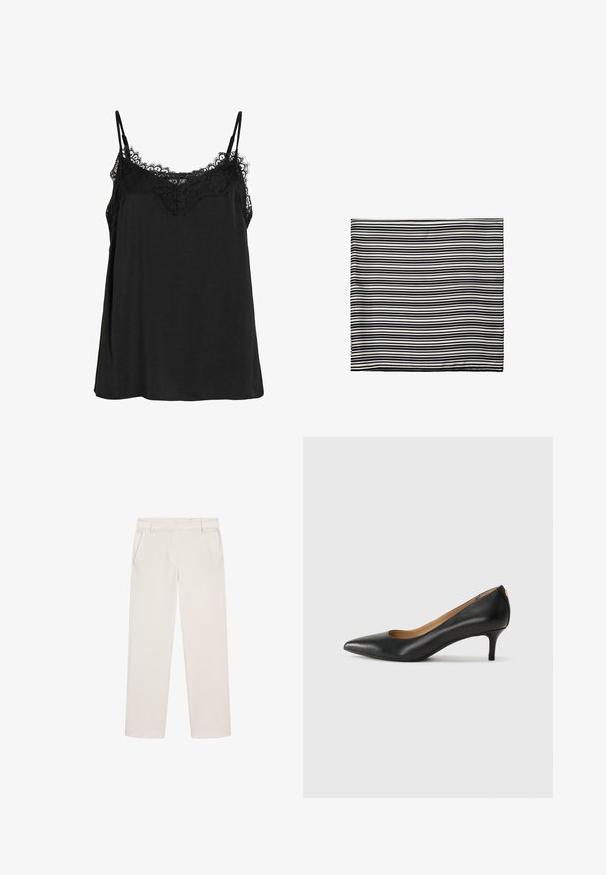 Černá top s nastavovacími ramínky, s krajkovým lemem na výstřihu. Vyrobeno z měkké tkaniny, volného střihu a bez viditelných vzorů.; Krémové kalhoty rovného střihu s poutky na opasek, bočními kapsami a skrytým zapínáním vpředu.; Černé kožené lodičky s špičatou špičkou, nízkým podpatkem a hladkým povrchem. Mají mírné otevření vpředu a minimální kovové prvky na zadní straně.; Černobílý pruhovaný šátek, vyrobený z lehké tkaniny. Obdélníkový tvar s rovnoměrně střídajícími se pruhy různých šířek. Měkká textura.; Černá lakovaná kabelka s zakřiveným tvarem, nastavitelným popruhem a zlatými detaily na boku. Hladký, lesklý povrch.