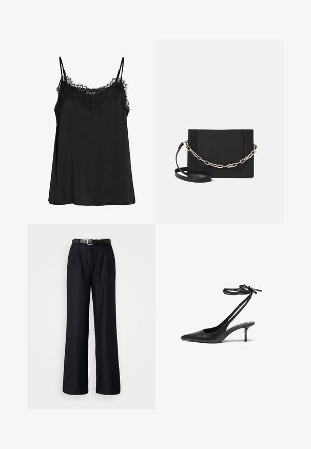 Svart linne med justerbara axelremmar, prytt med en spetsdetalj vid halsringningen. Tillverkat av ett mjukt tyg med lös passform och utan synliga mönster.; Svarta vida byxor gjorda av ett slätt tyg, med framvikt och ett matchande svart bälte med en silverspänne.; Svart lädersandalett med spetsig tå, öppen baksida och ankelremmar som är knutna i en rosett. Smal 3-tums klack. Slät textur, minimalistisk design.; Svart läder crossbody-väska med en slät yta, rektangulär form och metallickedjedetalj på framsidan. Justerbar rem ingår.; Silver ring med dubbel band och en slät, polerad yta. Har en flödande, böjd design med överlappande sektioner för en modern stil.