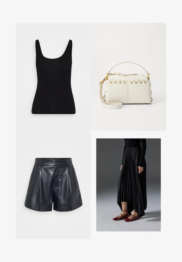Black tank top featuring a scoop neckline and wide straps. Made from smooth, stretchy fabric with a fitted silhouette. No patterns or accents.; Black leather shorts with a smooth texture, tailored design, pleated front, and belt loops; features a hidden zipper pocket on the side.; Black pleated skirt with a high-low hem, paired with glossy red flats featuring a strap design. The fabric has a smooth texture.; White faux leather handbag featuring a top zipper, a short handle, and a removable crossbody strap with gold-tone hardware. Side lacing detail.; Silver hoop earring with a polished finish, featuring small gold accent details and a round shape, worn on the lobe.