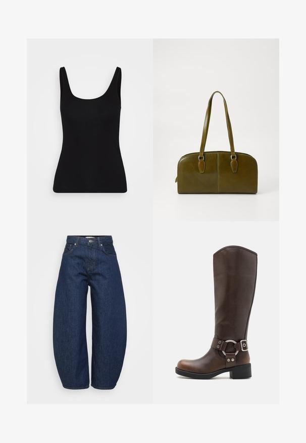 Svart topp med dyp utringning og brede stropper. Laget av glatt, elastisk stoff med en tettsittende silhuett. Ingen mønstre eller detaljer.; Mørkeblå høytalende denimjeans med vide ben, frontknap og glidelås, samt klassisk femlommers design.; Brune lær knee-high støvler med rund metalhardwaredetalj og spenne. Litt teksturert overdel, stablet hæl og rund tådesign.; Olivengrønn lærveske med rund form, doble håndtak og sømløft front. Har en jevn tekstur og subtile sømdetaljer.; Sølv ringøredob med en polert finish, med små gull detaljer og en rund form, båret på øreflippen.
