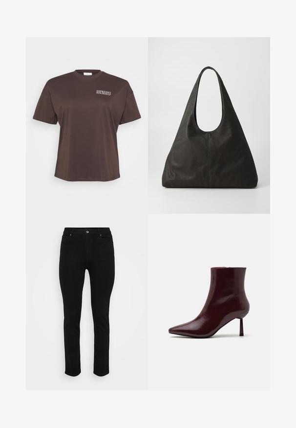 Ruda trumpa rankovė t-marškiniai su tekstu "ESPRESSO YOURSELF" balta spalva viršutiniame kairiajame kampe. Paprastas, kasdieniškas dizainas.; Juodi džinsai su siauru pasisekimu, penkių kišenių dizainu, priekiniais užsegimais ir šiek tiek tampri, kad būtų patogiau. Lygus, švelnus paviršius su minimaliais dekoratyviais elementais.; Burgundiško spalvos patentuotas odos kulkšninis batus su smailiu kojų pirštu ir plonu stiletu kulnu, pasižymintys sklandžia, blizgia tekstūra ir minimalistiniu dizainu.; Juoda odinė rankinė su išlenktu užtrauktuku, pailga trigubos formos ir glotnia paviršiumi. Pasižymi minimalistiniu dizainu be matomų detalių.
