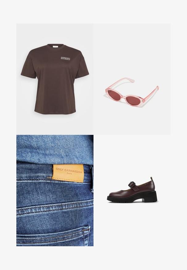Brun kortärmad t-shirt med texten "ESPRESSO YOURSELF" i vitt på övre vänstra sidan. Enkel, avslappnad design.; Blå denimjeans med en brun läderetikett som läser "ONLY CARMKOMA Denim," med synlig sömnad och en sidofickdetalj.; Burgundyröd läder Mary Jane-sko med en fyrkantig spänne, rund tå och en kraftig svart klack med mönstrad sula.; Rosa transparenta solglasögon med ovala linser, mörkröd toning och smala bågar, med en mjuk yta och subtila detaljer på ramen.; Ljusblå läderhandväska med ett handtag på toppen, framficka med klaff och avtagbar handledsrem på vit bakgrund.