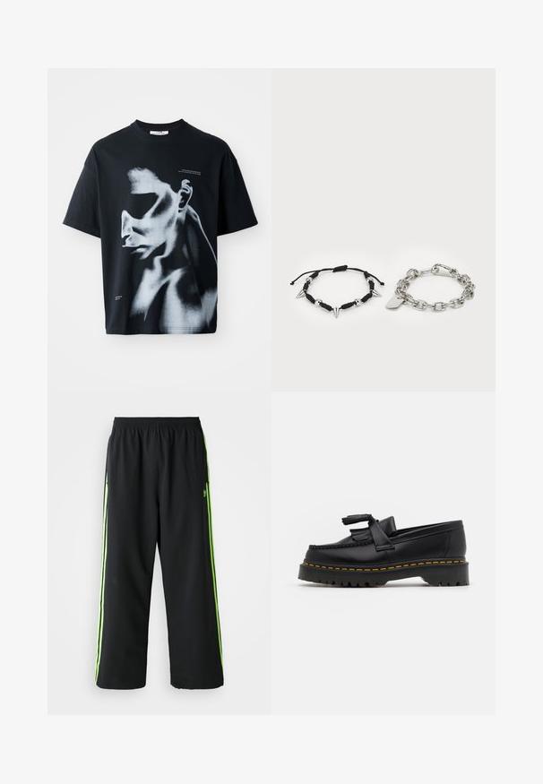 Must musta$särk, millel on valge ja halli tooni näo graafika ning rindkerel tekst "ÜLEMINEMINE KÕRGEMATESSE SEISUNDITESSE".; Mustad mustad spordipüksid elastse vöökohtaga, millel on neoonrohelised küljeribad ja avar lõige. Valmistatud kergest kangast.; Mustmust musta loafer, millel on frantsiisi aktsent, paks must tald ja kollane õmblus servas. Tekstuuriga viimistlus.; Must mustra pael mustra mustra teraga ribis te katke ja te nugusid, koos hange hange paelaga, millel on metallketas ja klamber.