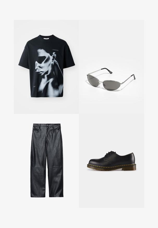 Camiseta de algodão preta com um gráfico de um rosto em tons de branco e cinza, apresentando o texto "TRANSCENDÊNCIA PARA ESTADOS SUPERIORES" no peito.; Calças largas de imitação de pele de crocodilo pretas, apresentando uma textura de croco, design tradicional de cinco bolsos e detalhes em botão e rebites prateados.; Shoe preto de couro com biqueira arredondada, design de atacador, costura amarela ao longo da sola e uma sola de borracha texturizada e robusta.; Óculos de sol com uma estrutura metálica prateada elegante, lentes cinzentas e um design aerodinâmico com bordas pontiagudas e hastes finas.; Pulseira de cordão preto com picos e contas de prata, ao lado de uma pulseira de corrente prateada com uma etiqueta de metal e um fecho.