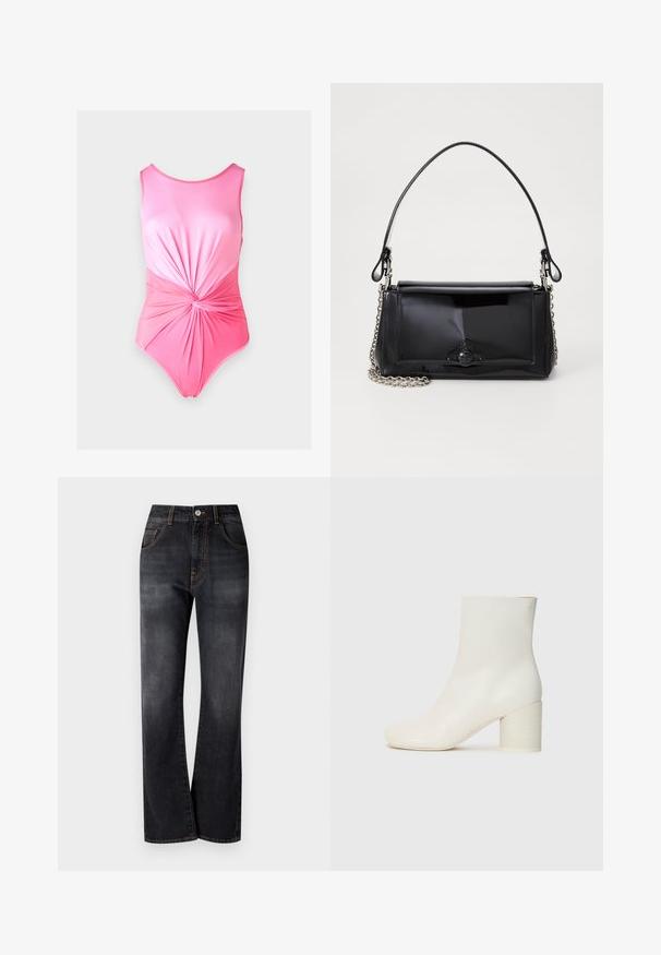 Rosa Einteiler-Badeanzug mit glatter Textur, ausgestattet mit einem gerafften Drehdetail an der Taille und einem runden Ausschnitt.; Schwarze Jeans aus Denim mit geradem Bein, ausgestattet mit orangen Nähten, Fünf-Taschen-Design und einem klassischen Knopfverschluss an der Taille.; Weiße Leder-Stiefelette mit runder Zehenform und klobigem, zylindrischem Absatz. Glatte Oberfläche, minimalistisches Design, ohne sichtbare Beschläge oder Muster.; Schwarze Lackleder-Handtasche mit rechteckiger Form, Kettenriemen und einem markanten Hardware-Akzent in der Mitte. Glatte Textur.