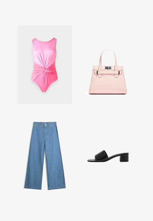 Roza enodelna kopalna obleka z gladko teksturo, ki ima nabrano zavojo na pasu in zaobljen izrez.; Svetlo modri široki jean hlače iz denima, s zapiranjem na gumb, zankami za pas in subtilnimi šivi.; Črne usnjene sandale z odprtim prstom in širokim trakom ter trdim blokastim peto. Imajo gladko teksturo in minimalističen dizajn.; Roza strukturirana torba iz teksturirane kože, ki ima dva zgornja ročaja, zapiralo na sponko in kontrastne kovinske detajle.