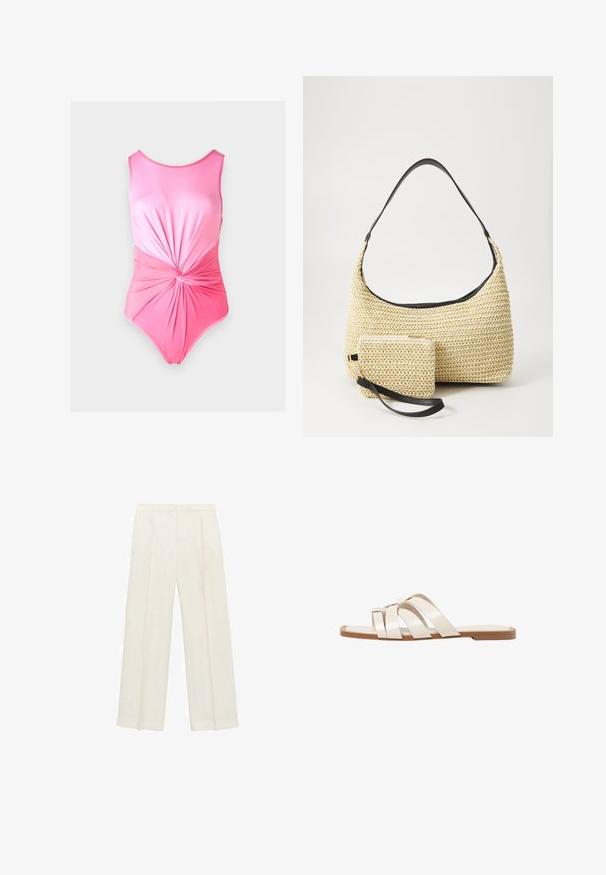 Ružičasti jednodijelni kupaći kostim s glatkom teksturom, s skupljenim twist detaljom na struku i okruglim izrezom.; Hlače širokog kroja u svijetloj krem boji. Izrađene su od glatkog materijala s plisama sprijeda i bočnim džepovima.; Ravne sandale s smeškom od gume, dizajnirane s tri preklapajuće bele kožne trake i malim detaljem mašne u sredini.; Tkana torba od slame s zakrivljenom siluetom, koja sadrži glatku crnu kožnu naramenicu i odgovarajući mali neseser koji je pričvršćen narukvicom.