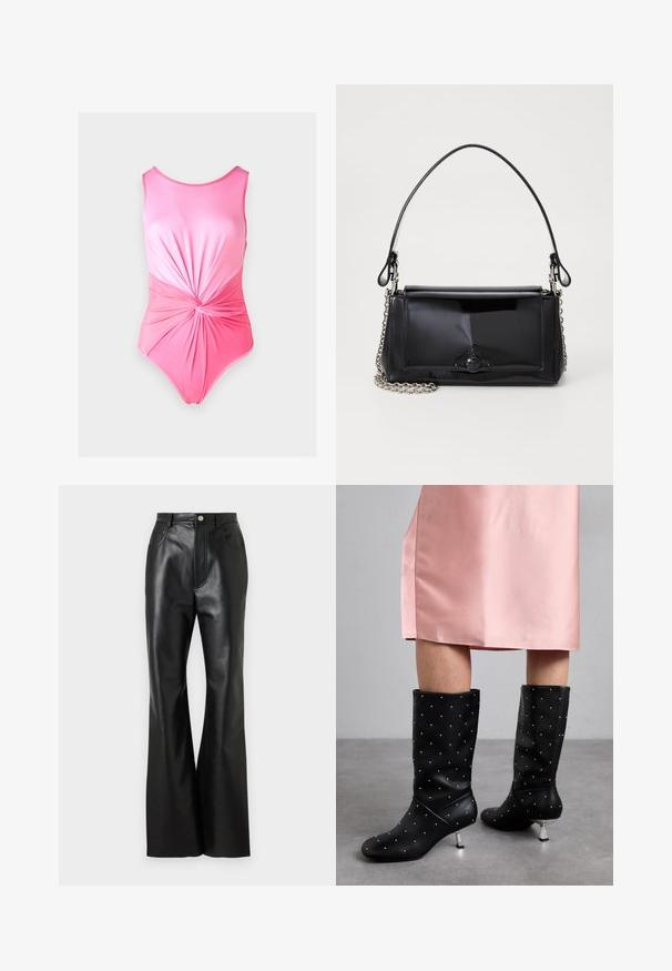 Roosa ühes tükis ujumistrikoo sileda tekstuuriga, millel on kogutud pöörde detail vöökohtadel ja ümar kaelus.; Must rõngad nahkpüksid elegantse viimistlusega, ees taskud ja kontrastne õmblemine. Omab nööpklappi ja struktureeritud vöökohta.; Mustad põlve kõrgused saapad, mis on valmistatud siledast materjalist, koos diskreetse narmastega mustriga ja hõbedase tooni kontsaga. Ühendatud roosa satiinkleitiga.; Mustmust mustkott mustmust mustkott, millel on ristkülikukujuline kuju, kettstrap ja silmapaistev viimistlusaktsent keskel. Sile tekstuur.