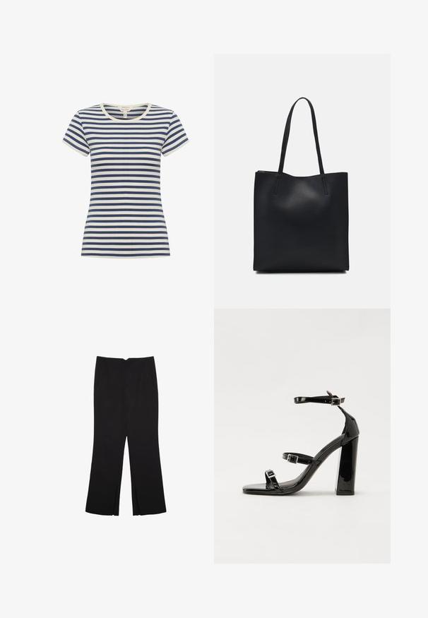 Prúžkované tričko v námorníckej modrej a krémovej farbe, krátke rukávy, okrúhly výstrih, vyrobené z mäkkého materiálu s priliehavým strihom a kontrastnými prúžkami.; Čierne nohavice so strihom rovného strihu, s prednými vreckami a bočnými rozparkami na leme. Vyrobené z mäkkej, hladkej tkaniny. Vhodné na rôzne príležitosti.; Čierne lakované sandále na podpätku so štvorcovou špičkou, navlečenými remienkami okolo členku a striebornými prackami. Disponujú masívnym blokovým podpätkom pre stabilitu.; Čierna kožená taška na rameno s hladkým povrchom, obdĺžnikovým tvarom a dvoma dlhými uchami. Bez viditeľného kovania alebo ozdôb.