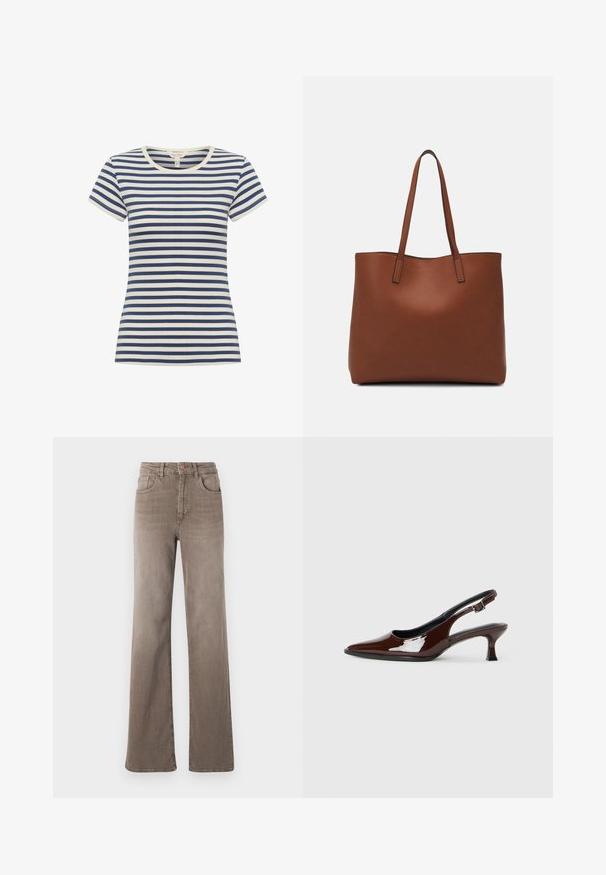 Gestreiftes T-Shirt in Marineblau und Creme, mit kurzen Ärmeln, rundem Ausschnitt, aus weichem Material mit figurnaher Passform und kontrastierenden Streifen.; Braune hoch taillierte Straight-Leg-Jeans mit vorderem Knopf, Gürtelschlaufen und klassischem Fünf-Taschen-Design auf weißem Hintergrund.; Braune Lackleder-Slingback-Schuhe mit spitzer Zehe und moderatem Absatz. Mit einem Schnallenriemen für einen sicheren Sitz. Glatte Textur.; Braune Leder-Tote mit glatter Textur, offenem Oberteil und zwei Schulterriemen. Verfügt über minimale Nähte und keine sichtbaren Beschläge.