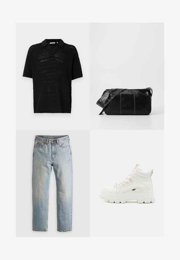 Črna polo majica s kratkimi rokavi z teksturiranim, odprtim pletenim dizajnom. Ima V-izrez in mehko, tkano blago. Minimalističen in zrakast stil.; Svetlo modri džins hlače z visokim pasom, sprednjim gumbom, zadrgo in petimi žepi, laid flat na nevtralni podlagi.; Bela športna čevlja do gležnjev s teksturirano površino, debelim gumijastim podplatom in oblazinjenim ovratnikom. Imajo vezalni dizajn in poudarek na logoju.; Črna usnjena torba za ramo z zadrgo, ki ima teksturirano telo, belo šivanje in trak s srebrnimi luknjami.