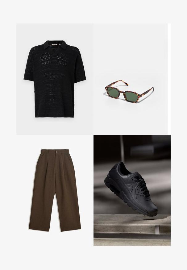 Čierna polo košeľa s krátkym rukávom a textúrovaným, otvoreným pletením. Obsahuje výstrih do V a jemnú tkaninu. Minimalistický a priedušný štýl.; Hnedé plisované nohavice s širokým strihom, vybavené zapínaním na gombík a bočnými vreckami, vyrobené z textúrovaného materiálu vhodného na neformálne nosenie.; Čierne tenisky Nike Air Max s textúrovaným koženým zvrškom, gumovou podrážkou a výrazným šnurovacím systémom, ktoré predvádzajú štýlový, moderný dizajn.; Okuliarovité slnečné okuliare z korytnačiny s zelenými šošovkami, s osmiuholníkovým tvarom a tenkými, zakrivenými rámikmi. Materiál má lesklý povrch.