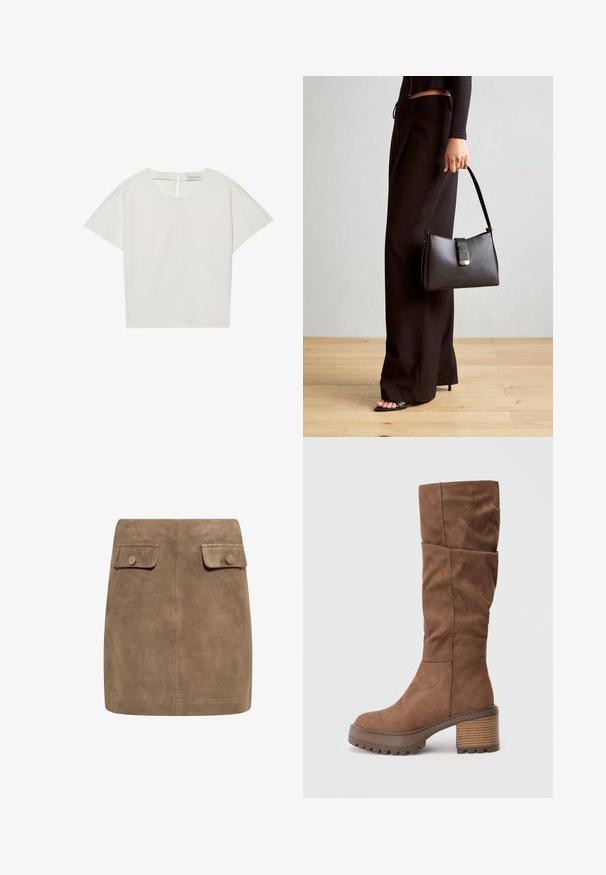 Korte ærmer, cremefarvet top med bådudskæring, der har en lynlås i ryggen og en let løs pasform. Stoffet har en glat, mat tekstur.; Brun ruskind mini nederdel med en glat tekstur, der har to frontlommer med flap og knaplukninger på hver side. Enkel, lige design.; Brune ruskind over knæ-støvle med et slouchy design, en kraftig stribet hæl og en tekstureret sål med dybe riller for bedre greb.; Sort håndtaske med struktureret form, glat overflade og metalspænde. Sammen med brede sorte bukser og sandaler med åben tå på trægulv.