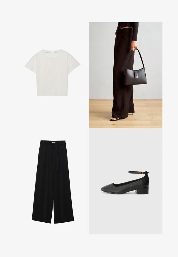 Top de manga curta, em creme, com decote barco, apresentando um fecho atrás e um corte ligeiramente solto. O tecido tem uma textura suave e mate.; Calças largas pretas com um tecido texturizado, uma cintura elástica e um laço destacável na cintura para um ajuste ajustável.; Sandal de pele preta com bico pontiagudo e um salto bloco baixo. Apresenta uma tira no tornozelo com uma fivela em tom dourado. Textura suave.; Bolsa preta com forma estruturada, textura suave e um fecho metálico. Combinada com calças largas pretas e sandálias de salto aberto sobre um chão de madeira.