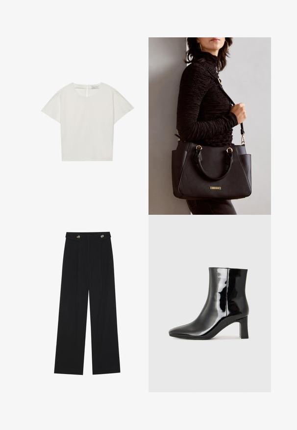 Top de manga curta, em creme, com decote barco, apresentando um fecho atrás e um corte ligeiramente solto. O tecido tem uma textura suave e mate.; Calças largas pretas com cintura alta, detalhes em botão na cintura e pregas frontais.; Botim de tornozelo em pele sintética preta com bico apontado e salto bloco de altura média. Textura suave e design minimalista.; Bolsa preta com superfície texturizada, alças superiores duplas e alça de ombro ajustável. Apresenta ferragens em tom dourado e bolsos laterais.