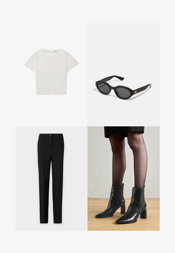 Kratke rokave, krema majica z čolnastim izrezom, z zadrgo na hrbtu in rahlo ohlapnim krojem. Tkanina ima gladko, mat površino.; Črne krojene hlače s ravnim krojem, z gumbom za zapiranje in zankami za pas, narejene iz gladkega materiala.; Črne usnjene gležnjarje s koničastim nosom, masivnim kvadratnim petam in sleek oblikovanjem. Imajo elastične stranske panele za enostavno obuvanje.; Črne ovalne sončna očala s temnimi lečami in sijočim plastičnim okvirjem. Imajo zlat logo na robu, kar ponuja eleganten in sodoben oblikovalski pristop.; Modra torbica s vzorom iz blaga, ki ima ukrivljeno obliko, črn usnjen trak in logotip v svetlejši odtenek.