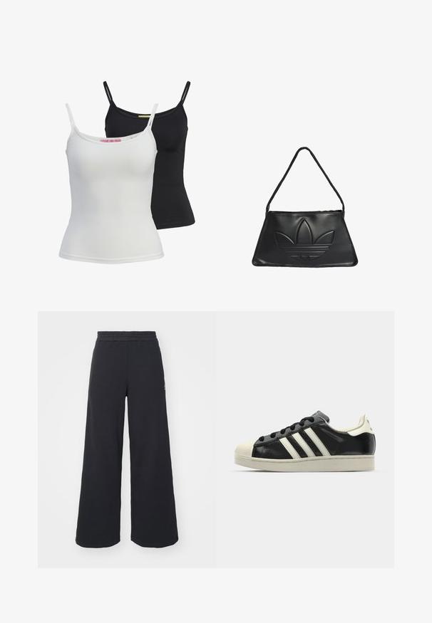 Two basic tank tops in black and white, made of a smooth, stretch fabric. Features thin straps and a simple, fitted design.; Black wide-leg sweatpants made from soft fabric, featuring an elastic waistband and a small logo on the left side.; Black leather sneaker with white stripes, rubber toe cap, black laces, and a cream-colored outsole. Smooth texture with shiny finish.; Black leather handbag with a trapezoidal shape, featuring a raised Adidas logo design and a thin shoulder strap. Zipper closure at the top.
