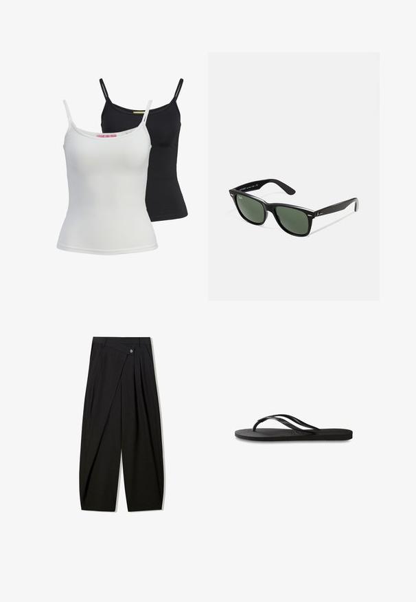 Dva osnovna majica bez rukava v črni in beli barvi, izdelana iz gladkega, raztegljivega materiala. Imajo tanke naramnice in preprost, prilegajoč dizajn.; Črne široke hlače iz gladkega materiala, ki vsebujejo sprednje gube, zapenjanje na gumb in kroj, ki zagotavlja strukturiran videz.; Črne natikače z teksturirano gumijasto podlogo, dvema ozkima trakoma in subtilnim, vtisnjenim logom na traku.; Črne plastične sončna očala z zelenimi lečami, kvadratni okvirji, srebrni detajl na obrvi in teksturirani ročaji. Blagovna znamka navedena na notranji strani ročaja.; Majhna črn usnjen žep za zavezovanje s kratkimi ročaji na svetlo sivi ozadju.