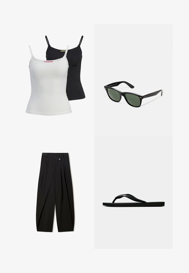 Two basic tank tops in black and white, made of a smooth, stretch fabric. Features thin straps and a simple, fitted design.; Black wide-leg trousers crafted from smooth fabric, featuring front pleats, a button closure, and a tailored design for a structured silhouette.; Black rubber flip-flop sandal with a textured thong strap and simple flat sole, shown from side on a plain light background.; Black plastic sunglasses with green lenses, square frames, silver accent on the brow, and textured temple arms. Stated brand on inner arm.; Small black glossy leather drawstring pouch with short handles on a light gray background.