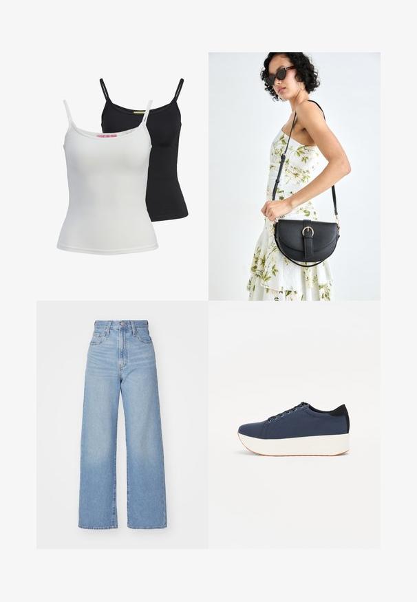 Kaks lihtsat tank topi mustas ja valges, valmistatud siledast, venivast kangast. Omab õhukesi sangasid ja lihtsat, külje järgi liibuvat disaini.; Heledad sinine kõrge vöökohaga laiad teksad, ees nupp ja tõmblukk, ees ja taga taskud, valge tausta peal.; Tumedat sinised tennised tekstureeritud riidest pealispinnaga, valge platvormi tallaga, ümarate varvaste ja musta kontsapaneeliga. Omab kuut silma paelte jaoks.; Mustmust mustraha kõverate joontega, eemaldatava rihmaga ja kuldsete detailidega. Kotil on klapp, millel on pandladetail.