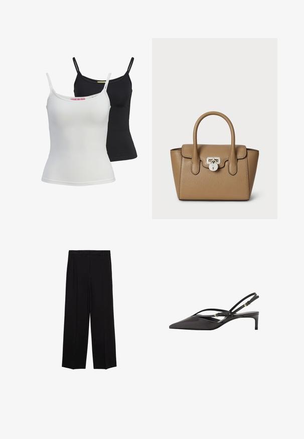 Twee basis tanktops in zwart en wit, gemaakt van een gladde, rekbare stof. Voorzien van dunne bandjes en een eenvoudig, getailleerd ontwerp.; Zwarte wijde broek van een gladde stof, met plooien aan de voorkant en zijzakken, ontworpen met een rechte, relaxte snit.; Zwarte leren slingback pump met een spitse neus, slanke enkelbandjes en een lage stilettohak. Gladde textuur met een minimalistisch ontwerp.; Lauren Ralph Lauren PEBBLED LEATHER SMALL TANNER SATCHEL - Handtas - camel