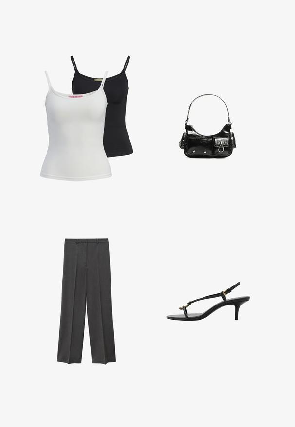 Două topuri de bază fără mâneci, în culorile negru și alb, fabricate dintr-un material neted și elastic. Au bretele subțiri și un design simplu, ajustat.; Pantaloni gri cu picioare late, cu o textură netedă, cu pliuri în față și cusături pentru curea. Făcuți dintr-o țesătură ușoară.; Sandal cu toc kitten din piele neagră, cu curele subțiri, cataramă aurie și buclă minimalistă pentru degetele de la picioare, pe un fundal alb.; Geantă de mână din piele lăcuită neagră, cu o formă curbată, un umăr, buzunare frontale și accente din metal argintiu.