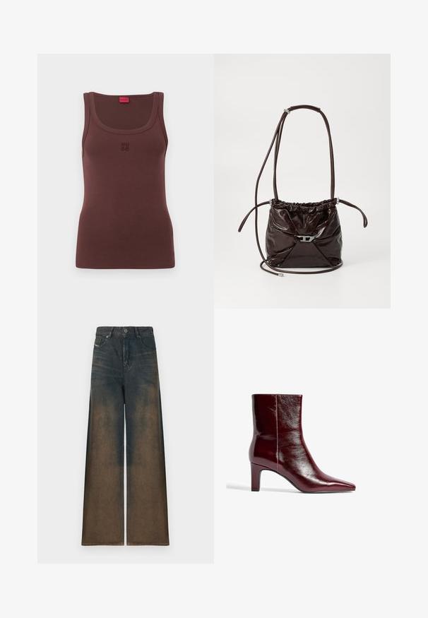 Brown sleeveless tank top made of soft fabric, featuring a round neckline and subtle embroidered "HUGO" logo on the front.; Wide-leg jeans in dark denim, featuring a gradient fade from dark to light brown, with a classic five-pocket design and metal button closure.; Burgundy leather ankle boot with a pointed toe, sleek design, and a medium block heel. Smooth texture and minimal seam detailing.; Dark brown shiny leather shoulder bag with gathered top and thin adjustable strap, featuring a small silver-tone clasp detail on front.