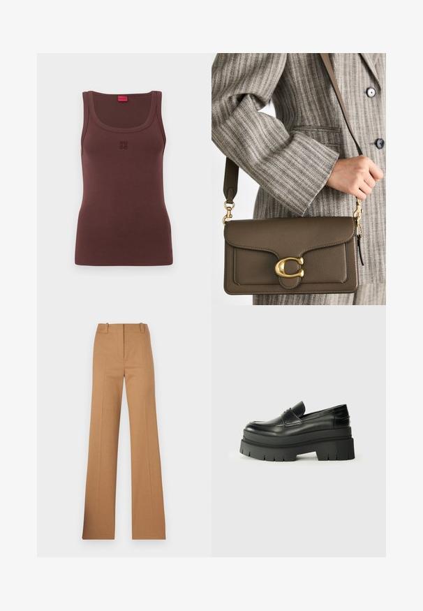 Braunes ärmelloses Tanktop aus weichem Stoff, mit rundem Halsausschnitt und subtil gesticktem "HUGO"-Logo auf der Vorderseite.; HUGO HULANA - Chino - open brown; Schwarze Lederloafer mit einer klobigen Plateausohle. Abgerundete Spitze, Nahtdetail auf der Vorderseite und dezente Nähte. Flache, strukturierte Außensohle.; COACH TABBY SHOULDER BAG 26 - Handtasche - dark stone