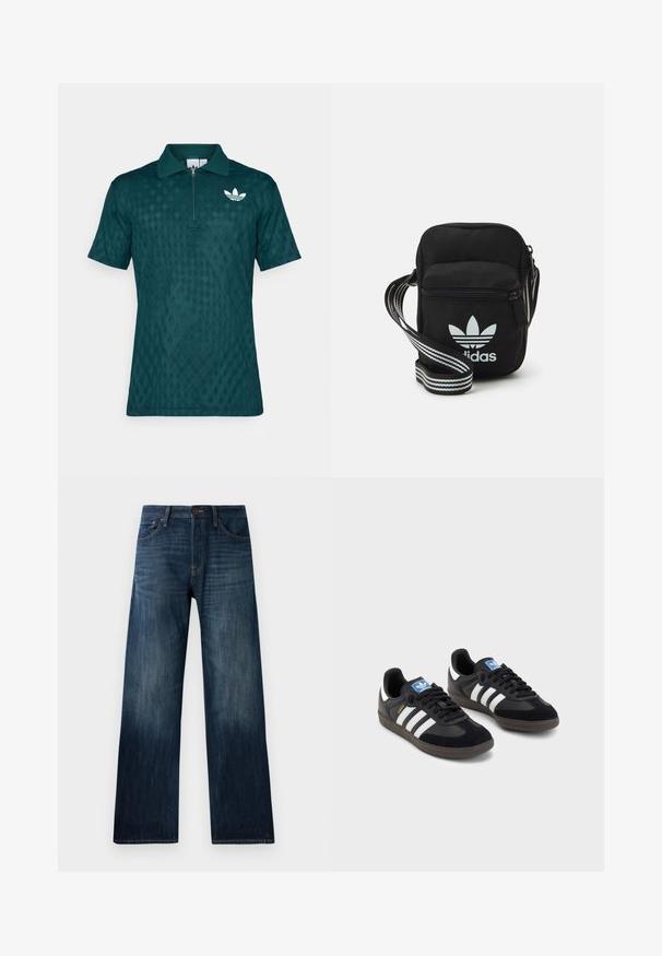 Teal polo shirt featuring a zippered collar, diamond pattern texture, and white logo accent on the left chest. Short sleeves.; Dark blue denim jeans with a straight-leg design, featuring a lightweight texture, belt loops, and a classic five-pocket style.; Black sneakers with a suede and synthetic upper, featuring three white stripes, textured rubber sole, and blue logo tag on the tongue.; Black fabric crossbody bag with a zipper closure, featuring a white Adidas logo and a striped adjustable strap for easy carrying.